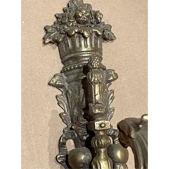 Antique  French Brass Candelabra Wall Hanging Sconce Candle Holder Fedral Foilag - Picture 7 of 10